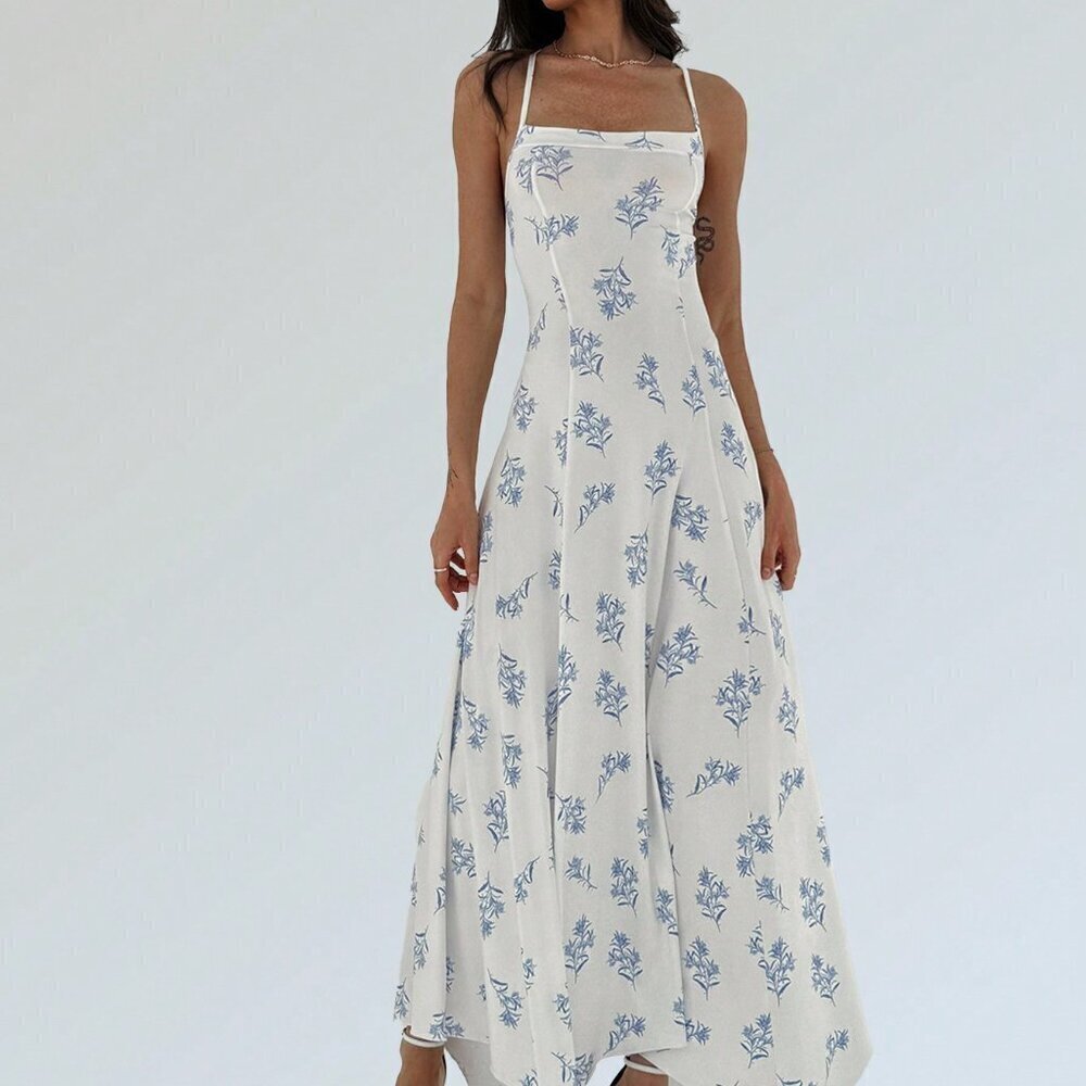 Multicolor Boho Women's Asymmetrical Hem Printed Spaghetti-Strap Dress - Picture 4 of 6